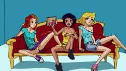 3girls alex_(totally_spies) anus casual clothed clothing clover_(totally_spies) dark_skin electronics female footwear human legs_spread masturbation masturbation_through_clothing multiple_girls nipples_visible_through_clothing no_bra no_panties no_underwear oral oral_sex pale_skin pussy pussy_peek pussy_visible_through_clothes revealing_clothes rubbing_pussy rubbing_pussy_through_clothing sam_(totally_spies) seductive sitting sunnie totally_spies upskirt watching_porn watching_video