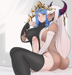 2girls absurdres after_kiss areola_slip ass asymmetrical_horns bare_shoulders black_panties black_sweater black_thighhighs blue_eyes blue_hair blush breast_grab breasts cameltoe circlet cleavage commission crown dark-skinned_female dark_skin detached_sleeves dragon_girl female female_only fire_emblem fire_emblem_engage grabbing hair_ornament hair_over_one_eye highres holding horns ihsnet jewelry large_breasts long_hair lumera_(fire_emblem) mature_female meme_attire multiple_girls navel nintendo non-web_source open_mouth panties pointy_ears purple_eyes purple_ribbon revealing_clothes ribbon sideboob smile sweat sweater tan tassel tassel_hair_ornament thighhighs thighs thong tiara turtleneck underboob underwear very_long_hair virgin_destroyer_sweater white_panties white_sweater white_thighhighs yuri zephia_(fire_emblem)