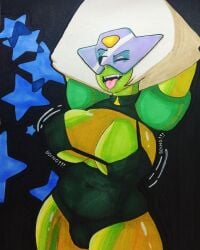 2020 bikini bikini_bottom bikini_top bouncing_breasts chubby chubby_female gem_(species) green_skin peppyrobo peridot_(steven_universe) steven_universe tongue_out traditional_art