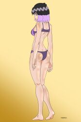 ass black_hair breasts hilda_(series) kaisa_(hilda) large_ass large_breasts looking_at_viewer looking_back purple_bikini purple_bikini_bottom purple_bikini_top purple_hair purple_swimsuit tanned tanned_female tanned_skin thick_legs thick_thighs vnimrod wide_hips