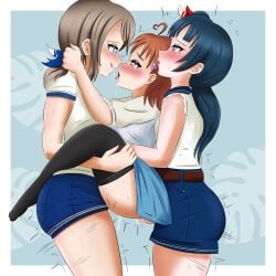 1girls 2futas ahoge anal_penetration black_socks black_thighhighs blue_hair blush brown_hair clothed_sex cum cum_inside danzfloor dark_blue_hair double_penetration female futa_on_female futanari legwear light-skinned_female light_skin love_live! no_shoes sandwiched shorts skirt skirt_up socks standing standing_sex suspended_double_penetration takami_chika taken_from_behind thighhighs threesome tsushima_yoshiko vaginal_penetration watanabe_you white_shirt