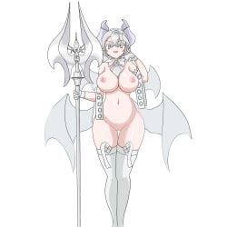 :d areolae axe big_breasts breasts demon demon_girl duel_monster earrings female female_only fringe full_body gloves hips huge_breasts konami labrynth_of_the_silver_castle laugh legwear looking_at_viewer lovely_labrynth_of_the_silver_castle mature milf navel necktie nipples one_hand_up open_mouth pointy_ears princess queen silver_eyes solo standing thighs twintails white_background white_hair wide_hips wings yu-gi-oh! yumhy