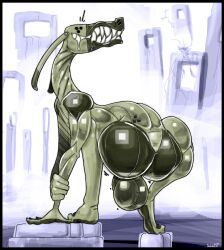 absurd_res android anthro anus ass backsack balls barely_visible_anus bodily_fluids crouching cybernetics cyborg daleks2377 drooling fangs flaccid frothzone genitals glistening glistening_body hi_res humanoid long_ears long_neck machine male markings penis presenting presenting_anus presenting_hindquarters robot saliva slim smile solo synthetic teeth unusual_eyes