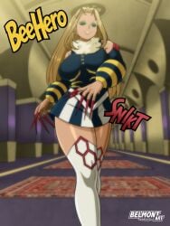 antennae bee bee_girl bee_hero belmont big_breasts big_thighs black_outfit blonde_hair boots brazil brazilian brazilian_female feelers green_eyes hallway hero heroine mansion my_hero_academia skirt street tanned_skin