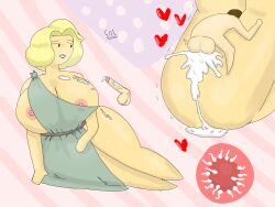 1boy 1girls 2d 2d_(artwork) 50one american_flag balls ballsack big_balls big_penis blonde_female blonde_hair cum excessive_cum hollie_all_american impregnation large_breasts larger_female mating_press nipples small_dom_big_sub toga