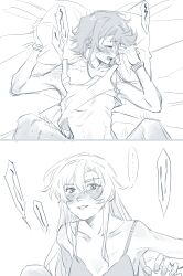 ... 2girls absurdres between_legs blush bra breasts closed_eyes clothes_lift greyscale hand_on_another's_knee highres jiguang_haibao koishikawa_iko long_hair lying momijiyama_teru monochrome multiple_girls nipples on_back parted_lips pillow saliva shirt_lift short_hair shy_(series) small_breasts spoken_ellipsis sweat tank_top tears underwear yuri