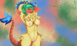 2011 adiago archeops avian beak bird breasts chest_tuft feathers female green_eyes green_hair hair nipples nude pokemon pussy red standing tail talons tuft yellow