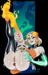 anal anal_object_insertion ass asymmetrical_arms barefoot black_sclera blonde_hair breasts buttplug cleavage colored_sclera colored_skin feet feet_up glowing_arm glowing_feet green_arm green_eyes green_lips grey_skin hades_(game) hades_(series) hades_2 highres jewel_butt_plug kajin_(kajinman) kajinman laurel_crown legs_up melinoe_(hades) mismatched_sclera mole mole_on_pussy object_insertion patreon presenting pussy pussy_peek red_eyes see-through_body sex_toy short_hair skeletal_arm soles