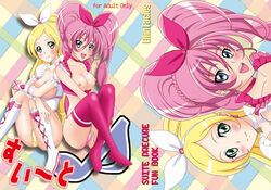 2girls big_breasts blush breasts clothing crossed_legs cure_melody cure_rhythm houjou_hibiki large_breasts magical_girl medium_breasts minamino_kanade multiple_girls nipples panties precure pretty_cure riruka_sakurase sitting smile stockings suite_precure underwear