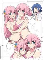 3girls aqua_eyes bikini blue_hair blush bocchi_the_rock! breasts camera commentary_request cube_hair_ornament gotou_hitori gotou_michiyo hair_bun hair_ornament holding holding_camera large_breasts long_hair looking_at_viewer mel_(melty_pot) mother_and_daughter multiple_girls one_side_up open_mouth pink_hair purple_bikini short_hair single_hair_bun swimsuit yamada_ryou yellow_eyes