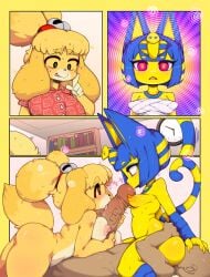 1boy 1boy2girls 2girls animal_crossing animal_crossing_new_horizons ankha ankha_(animal_crossing) anthro areolae big_penis blonde_hair blue_hair breasts canine comic completely_nude completely_nude_female domestic_cat domestic_dog egyptian eye_contact facesitting feline furry hypnosis hypnotized isabelle_(animal_crossing) kissing_penis licking licking_penis nipples no_text_version oral oral_sex paizuri penis penis_between_breasts pussy slugbox thick_thighs threesome villager_(animal_crossing)