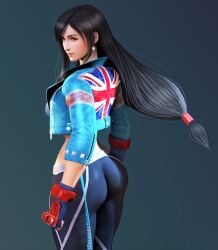 1girls 3d 3d_(artwork) ass big_ass black_hair blue_background blue_jacket breasts bubble_ass cammy_white cammy_white_(cosplay) cammy_white_(street_fighter_6) cosplay cosplaying_as_character crossover crossover_cosplay dat_ass earrings female female_only final_fantasy final_fantasy_vii fingerless_gloves gloves gym_uniform highres jacket large_ass light-skinned_female long_hair looking_back no_panties_under_leggings no_porn pants raidenwgt red_eyes render simple_background smile street_fighter street_fighter_6 tifa_lockhart union_jack yoga_pants