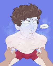 ambiguous_pov blue_background blue_face blue_skin boxer_briefs boxers boxers_(clothing) boxers_only bradley_(mr_shrink) brown_hair bulge bulge_through_clothing bulge_under_clothes cold cold_fetish cold_nipples digital_drawing_(artwork) digital_media_(artwork) dom_pov english english_text erect_nipples eyes_crossed freezing green_eyes gums gums_(mouth) gums_showing hard_nipples ice ice_cube ice_cube_on_body ice_cube_on_nipple ice_cube_on_nipples male male_focus male_only mr_shrink nipple_fetish nipples nipples_outside original original_character red_boxers skin_tone_difference skinny skinny_male solo solo_focus steaming_breath steamy_breath teeth teeth_showing turning_blue unseen_character