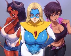 3girls big_breasts big_thighs black_hair blonde_blazer blonde_female blonde_hair blonde_hair_female blue_eyes blue_legwear blue_leotard breasts brown_eyes cape cigarette cleavage collarbone colored_skin covered_navel crop_top cropped_jacket curvaceous curvaceous_body curves curvy curvy_body cutoffs demon demon_girl demon_horns demon_tail denim dispatch dispatch_(game) earrings face_piercing female female_only fingernails gloves highres horns invisigal jacket jewelry large_breasts leotard light-skinned_female light_skin lips lipstick long_hair looking_at_viewer luchidart malevola_gibb mask multiple_girls nail_polish navel nose_piercing nose_ring nostril_piercing pants piercing pink_jacket purple_nails red_skin sharp_fingernails shirt short_hair short_shorts shorts smile stomach superhero tail take_your_pick tank_top thick_thighs thighs tongue tongue_out unlit_cigarette_in_mouth