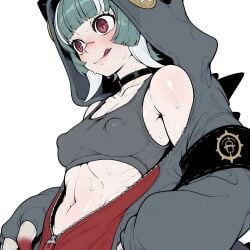 1girls :q absurd_res absurdres ai_assisted ai_generated choker clothed gachiakuta guita_hebby_fantasia hi_res high_resolution highres hoodie minjad navel nipples_visible_through_clothing red_eyes ribcage skinny sports_bra stable_diffusion sweat sweaty unzipped unzipped_jacket