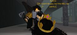 3d agent_(decaying_winter) aurora_(swarmerrbxl) axe before_rape before_sex black_hair decaying_winter dialogue english_text firefighter firefighter_uniform impending_sex letterman_jacket plate_carrier purple_eye purple_hair roblox roblox_game robloxian self_upload shotgun_shell sledge_queen sledgehammer swarmerrbxl tactical_gear text threatening vest voluptuous yellow_eye