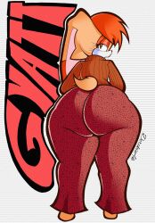 anthro ass barefoot big_butt big_ears black_nose bottom_heavy bottomwear brown_clothing brown_eyes brown_sweater brown_topwear clothing derekunleashed dipstick_ears ear_markings eyelashes feet female floppy_ears fur head_tuft hi_res huge_butt lagomorph leporid long_ears lop_ears mammal multicolored_ears open_mouth orange_body orange_eyeshadow orange_fur pants pattern_background pattern_bottomwear pattern_clothing pattern_pants rabbit rear_view red_bottomwear red_clothing red_pants sega silverspoon88 simple_background solo sonic_(series) sonic_the_hedgehog_(series) striped_background sweater tan_body tan_fur thick_thighs topwear tuft vanilla_the_rabbit white_body white_fur wide_hips