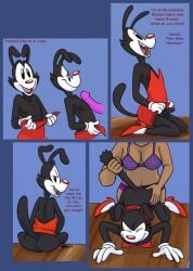 absurd_res animaniacs annie-mae anthro anus artist_logo artist_name artist_upload ass background balls black_body black_fur black_hair bra closed_eyes clothing comic comic_strip dark-skinned_female dress dress_lift fanart female female/male female_penetrating_male fur grabbing grabbing_from_behind hi_res high_heels looking_at_viewer looking_back male male_penetrating nipples no_panties nora_rita_norita nsfw panties penis possessed red_dress red_high_heels red_text sex sex_from_behind sex_toy showing_ass showing_off sitting sketch surprised surprised_expression table tail text underwear yakko_warner