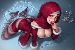 ai ai_generated arabian arabian_female big_breasts christmas christmas_outfit cleavage cosplay costume female hijab hijabi muslim_female santa_costume sexy showing_breasts showing_cleavage solo