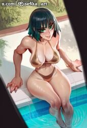 ai_generated bare_shoulders barefoot bikini blush breasts cise4ka cleavage collarbone earrings female fingernails foot_out_of_frame fubuki_(one-punch_man) gold_bikini green_eyes green_hair green_nails highleg hoop_earrings jewelry large_breasts looking_at_viewer nail_polish navel nose_blush parted_lips pool pool_ladder poolside sensitive shiny_skin short_hair smile solo swimsuit thighs toenails toned toned_female v_shaped_eyebrows wet white_background