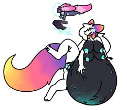 4_arms ambiguous_gender amniotic_fluid anthro belly big_belly big_breasts birth blush bodily_fluids breasts clenched_teeth dae_(daebelly) daebelly digital_media_(artwork) duo female fur genital_fluids genitals hair hi_res hot_towel huge_belly hyper hyper_belly hyper_pregnancy lactating live_birth lumina_(species) magic milk multi_arm multi_breast multi_limb nipples nonbinary_(lore) nude pain pregnant pregnant_female straining teeth thick_thighs towel vaginal_birth vulva ylle_(daebelly)