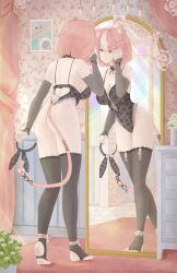 1girls ass back_view big_breasts black_thighhighs breasts cat_ears cat_girl cat_tail catgirl enya_yoruneko feet female heterochromia indie_virtual_youtuber light-skinned_female light_skin lingerie mirror pink_eyes pink_hair short_hair smiling two-tone_hair virtual_youtuber vtuber vtuberfanart yellow_eyes