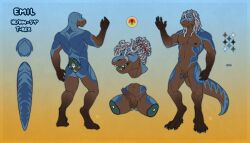 2023 anthro blue_background blue_body blue_pawpads blue_penis_tip brown_body brown_penis cross_section dinosaur dreadlocks emil_(itmeporps) erection flaccid genitals gradient_background green_eyes green_tongue hair hair_bun hi_res interkos male model_sheet multicolored_eyes nipple_piercing nipples pawpads penis piercing prehistoric_species pupils red_eyes reptile saurischian scalie simple_background slit_pupils smile solo tail theropod tongue tyrannosaurid tyrannosauroid tyrannosaurus tyrannosaurus_rex white_hair yellow_background