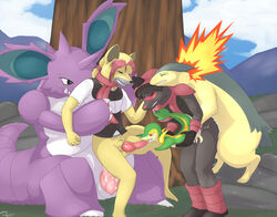 anal anal_sex anthro color cum day fur furry gay group_sex knot male nidoking no_humans oral outdoors penetration pokemon pokemon_(species) pokephilia snivy straight_hair tom_smith typhlosion