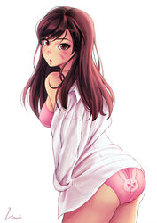 1girls asian blizzard_entertainment bra breasts brown_hair d.va female female_only long_hair looking_at_viewer overwatch panties pinup print_panties softcore solo umitaro video_games