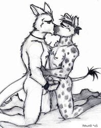 2005 anthro balls canine closed_eyes couple erection frottage fur furry furry_only gay hyena kangaroo kissing male marsupial monochrome nude penis rthur sex tail