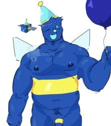 anthro arthropod bee bee_swarm_simulator buoyant_bee_(bee_swarm_simulator) flaccid genitals grin grinning_at_viewer hi_res holding_balloon hymenopteran icerary insects male multicolored_body nipples penis reference_image roblox roblox_game self_upload simple_background slightly_chubby smile smiling_at_viewer solo