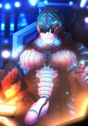 absurd_res anthro cybernetics cyborg erection glowing glowing_eyes hi_res looking_at_viewer machine male male_only muscular muscular_male nude scalie sitting solo tanks_(artist)