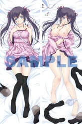 barefoot black_hair black_legwear blue_eyes blush breasts dakimakura feet highres long_hair mikazukimo original panties panties_around_one_leg pointy_chin purse sample smile striped striped_panties thighhighs tied_hair twintails underwear