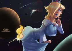 1boy1girl big_ass big_breasts big_penis blonde_hair blue_dress blue_lipstick blue_nails crown cum cum_inside doktor_malefic dress hair_over_one_eye larger_female lipstick luma mario_(series) penetration penis princess princess_rosalina sex sex_from_behind sex_through_torn_clothes small_but_hung smaller_male super_mario_bros. super_mario_galaxy
