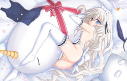 anne_dautrich apron ass bandaid bandaid_on_pussy blue_eyes blush elbow_gloves female flat_chest garters gloves highres kyoukaisenjou_no_horizon long_hair maid_headdress naked_apron nanao_yuki nipples no_bra no_panties on_side petals ribbon school_swimsuit solo straddle stuffed_animal stuffed_toy swimsuit swimsuit_aside thighhighs very_long_hair white_hair white_legwear