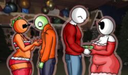 2boys2girls 2girls2boys :3 bald bald_female bald_male belly_button black_eyes breasts chetoh christmas christmas_outfit chubby chubby_female claire_(chetoh) cleavage clothed clothed_female clothed_male couple couple_(romantic) craig_(chetoh) egg eggmale female giving_present green_body hoodie jeans leaf leaf_hair male mandy_(chetoh) oc orange orange_body orange_hoodie original original_character original_characters photo_background present red_bottomwear red_sweater red_topwear smile smiling smiling_at_partner stockings sweater underwear white_body wholesome wink winking