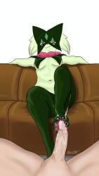 1boy 1girl anthro bodily_fluids breasts cat couch cum cum_shot domestic_cat duo feline female_anthro first_person_view footjob footplay fur green_fur human_male looking_at_viewer mammal mengao meowscarada nintendo paws penis pokemon pokemon_(species) pokemon_sv pov provocative seductive_look sofa stepping_on_penis toes visible_nipples