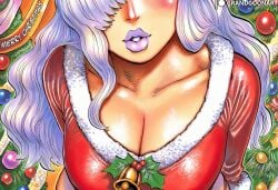 1girls accurate_art_style ai_generated big_breasts breasts charlotte_smoothie christmas christmas_clothing christmas_outfit christmas_present female female_focus female_only grandgoonart holidays juicy_lips kissing lips lipstick manga manga_cover manga_page manga_style one_piece patreon patreon_username santa_costume santa_hat shonen_jump solo solo_female solo_focus