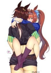 1futa 2girls animal_ears antenna_hair anthromorph ass ayaklorine back back_view belt blush blushing_face blushing_female blushing_futa breasts brown_hair clothing daiwa_scarlet_(umamusume) duo duo_female female female_penetrated futa_on_female futa_with_female futanari hair_accessory hair_between_eyes horse horse_ears horse_girl horse_tail long_hair muscles muscular muscular_back muscular_female purple_socks short_hair shorts socks tail thighs tiara traced umamusume umamusume_pretty_derby vodka_(umamusume) yuri