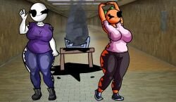 2girls :3 bald bald_female black_eyes blown_up breasts chetoh chubby chubby_female claire_(chetoh) clothes_ripping clothes_torn egg female female_focus female_only jeans leaf leaf_hair mandy_(chetoh) oc orange orange_body original original_character photo_background purple_topwear semi_clothed shoes smile smiling smiling_at_viewer smoke stretching table topwear white_body wink winking winking_at_viewer