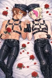2boys 2guys 2male 2men ai_generated albino bed bedroom bl blonde_hair blue_eyes brown-haired_male brown_hair brunette_hair drain_creed drain_creed_(far_fetched) emo far_fetched far_fetched_show femboy gay gimp goth harness hemlock_everett himbo kinky leather leather_boots leather_gloves leather_harness leather_hat leather_pants light-skinned_male light_skin muscles muscular muscular_male pale-skinned_male pale_skin pink_hair pink_highlights scar twink vampire werewolf wolf_humanoid yaoi
