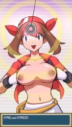 blank_eyes blank_stare captured electrickronos empty_eyes empty_mind erect_nipples exposed_breasts exposed_nipples happy_trance hypnosis large_breasts may_(pokemon) may_(pokemon_oras) mind_control open_clothes open_shirt pendulum pokemon pokemon_oras pokemon_rse stripping undressing
