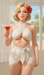 1girls ai_generated blonde_female blonde_hair bob_cut criss-cross_halter curtains earrings flower_in_hair holding_drink large_breasts milf nipple_bulge palm_tree poolside rgomez007 sarong short_hair stable_diffusion tassles thick_lips tied_clothing tropical_drink underboob window wine_glass