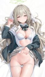 absurdres blonde_hair blue_archive blush bow bra breasts clothes_lift collared_shirt commentary_request convenient_censoring dakimakura_(medium) diagonal-striped_bow female green_bow green_halo green_jacket grey_skirt hair_between_eyes hair_over_breasts hair_over_one_breast halo highres houkiboshi_(mmjw7432) jacket kneehighs large_breasts long_hair lying miyo_(blue_archive) no_shoes on_back open_clothes open_jacket open_shirt panties panty_pull shirt skirt skirt_lift socks striped_bow underwear white_bra white_panties white_shirt white_socks yellow_eyes