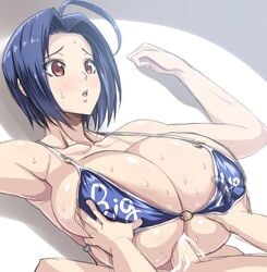 ahoge alternate_hairstyle bikini blue_hair blush breast_grab breast_squeeze breasts censored ejaculation female huge_breasts human idolmaster kloah male miura_azusa paizuri penis red_eyes straight sweat swimsuit