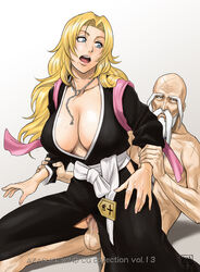 azasuke bald beard bleach blonde_hair blue_eyes breasts censored cfnm cleavage clothed_female_nude_male clothed_sex cowgirl_position facial_hair female hakama highres japanese_clothes jewelry large_breasts long_hair looking_back matsumoto_rangiku mole necklace nipples nude open_mouth penis pubic_hair pussy reverse_cowgirl_position scar sex shihakushō sitting straddle sweat torn_clothes vaginal_penetration white_hair yamamoto-genryuusai_shigekuni