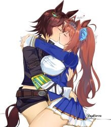 2girls animal_ears antenna_hair anthromorph ass ayaklorine belt big_chest blush breasts brown_hair chest clothing daiwa_scarlet_(umamusume) duo duo_female female female/female female_only french_kiss french_kissing hair_accessory hair_between_eyes horse_ears horse_girl horse_tail kissing long_hair only_female short_hair shorts skirt skirt_lift tail thighs tiara tongue tongue_out umamusume umamusume_pretty_derby vodka_(umamusume) yuri