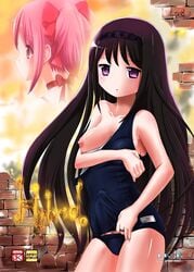 bare_shoulders black_hair blush breasts breasts_out brick_wall bulge cameltail choker collarbone cover cover_page erection face futanari hairband human intersex jewelry long_hair madoka_kaname mahou_shoujo_madoka_magica marneko nipples off_shoulder penis pink_eyes pink_hair profile purple_eyes ring school_swimsuit shiny shiny_skin short_hair swimsuit tied_hair twintails