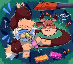 ambiguous_gender animal_genitalia animal_penis balls beady_eyes big_hands blue_collar blush bodily_fluids canine_genitalia canine_penis collar duo eevee eva_(top_bitch) fangs feral fluffy fluffy_tail forest forest_background gameplay_mechanics generation_1_pokemon generation_7_pokemon genital_fluids genitals gui health_bar held_by_ears held_by_tail hi_res leaking_precum male mimikyu musical_note musical_symbol name_tag nature nature_background nintendo paws penis plant pokemon pokemon_(species) precum presenting restrained shaded shocked simple_eyes speech_bubble status_effect suta-star sweat symbol tail teeth text tree wet_dick worried
