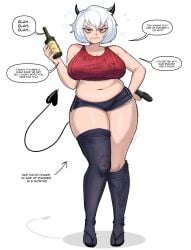 1girls alcoholic_drink angry angry_female annoyed annoyed_female bags_under_eyes bare_shoulders breasts chin_length_hair controller demon_girl demon_tail dialogue drunk drunk_bubble drunk_female female female_only gamer_girl helltaker horns large_breasts malina_(helltaker) midriff midriff_baring_shirt navel pale-skinned_female pale_skin red_eyes short_hair short_shorts shorts spats speech_bubble stockings talking_to_viewer tallinax thick_thighs white_hair wide_hips